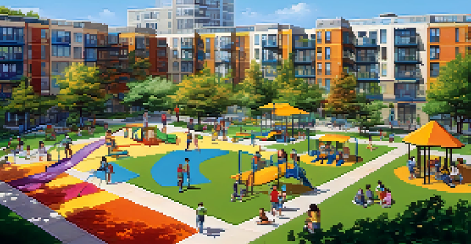 A lively urban park with children playing and adults relaxing, surrounded by flowers and modern buildings.