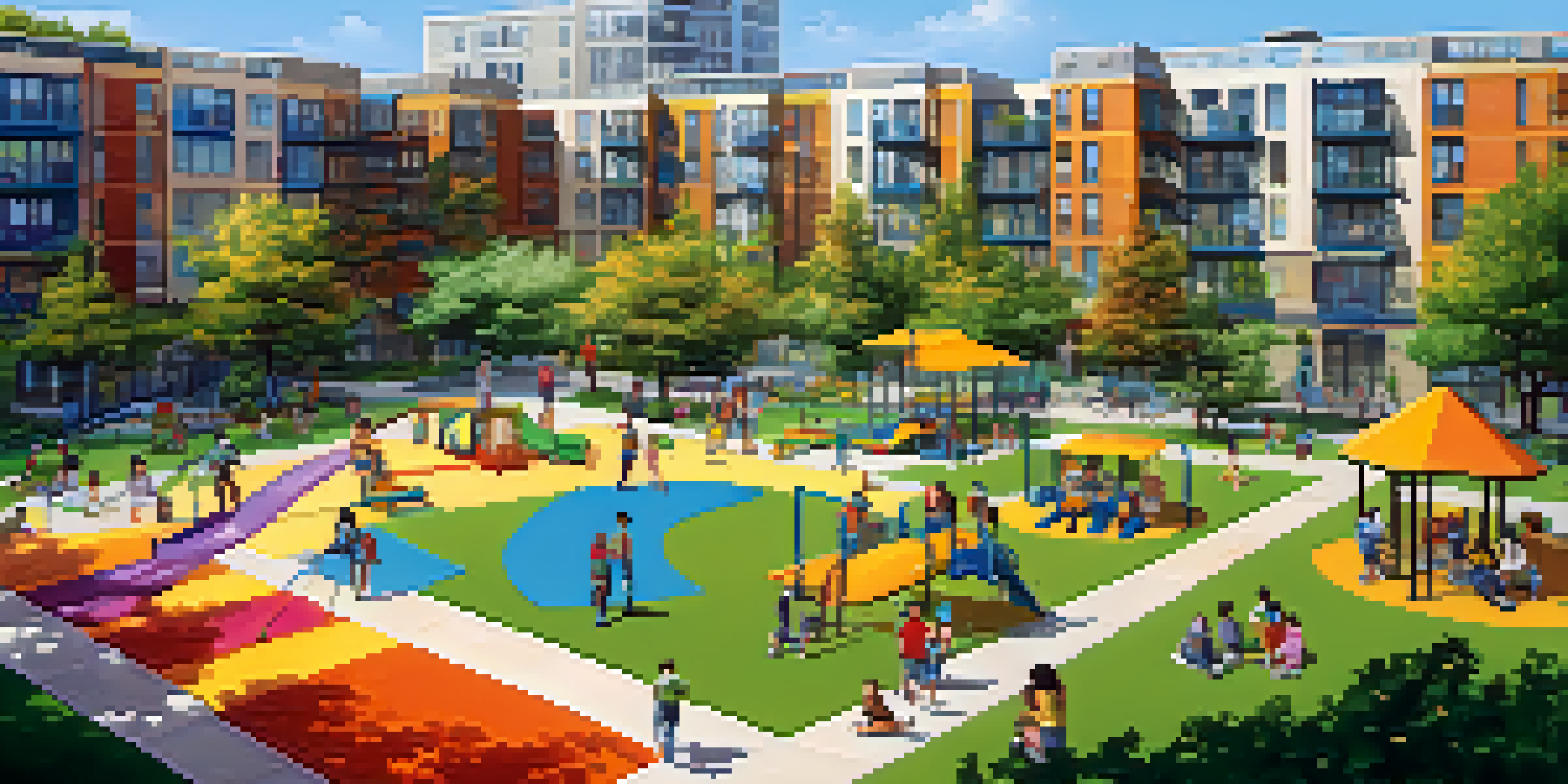 A lively urban park with children playing and adults relaxing, surrounded by flowers and modern buildings.