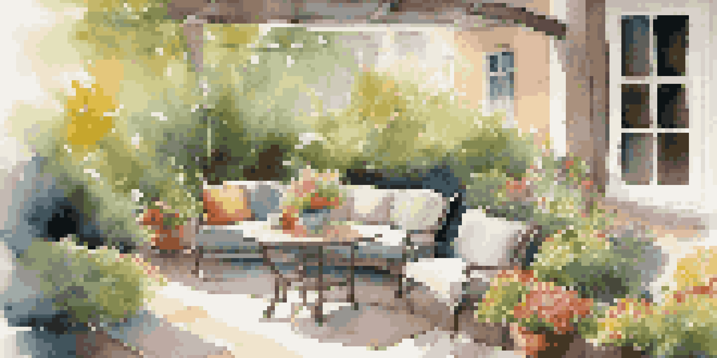 A cozy outdoor patio surrounded by greenery and flowers, featuring comfortable seating and a cup of coffee on a table.