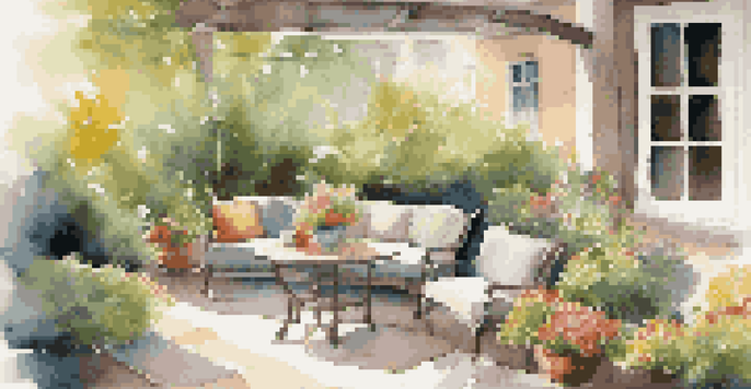 A cozy outdoor patio surrounded by greenery and flowers, featuring comfortable seating and a cup of coffee on a table.