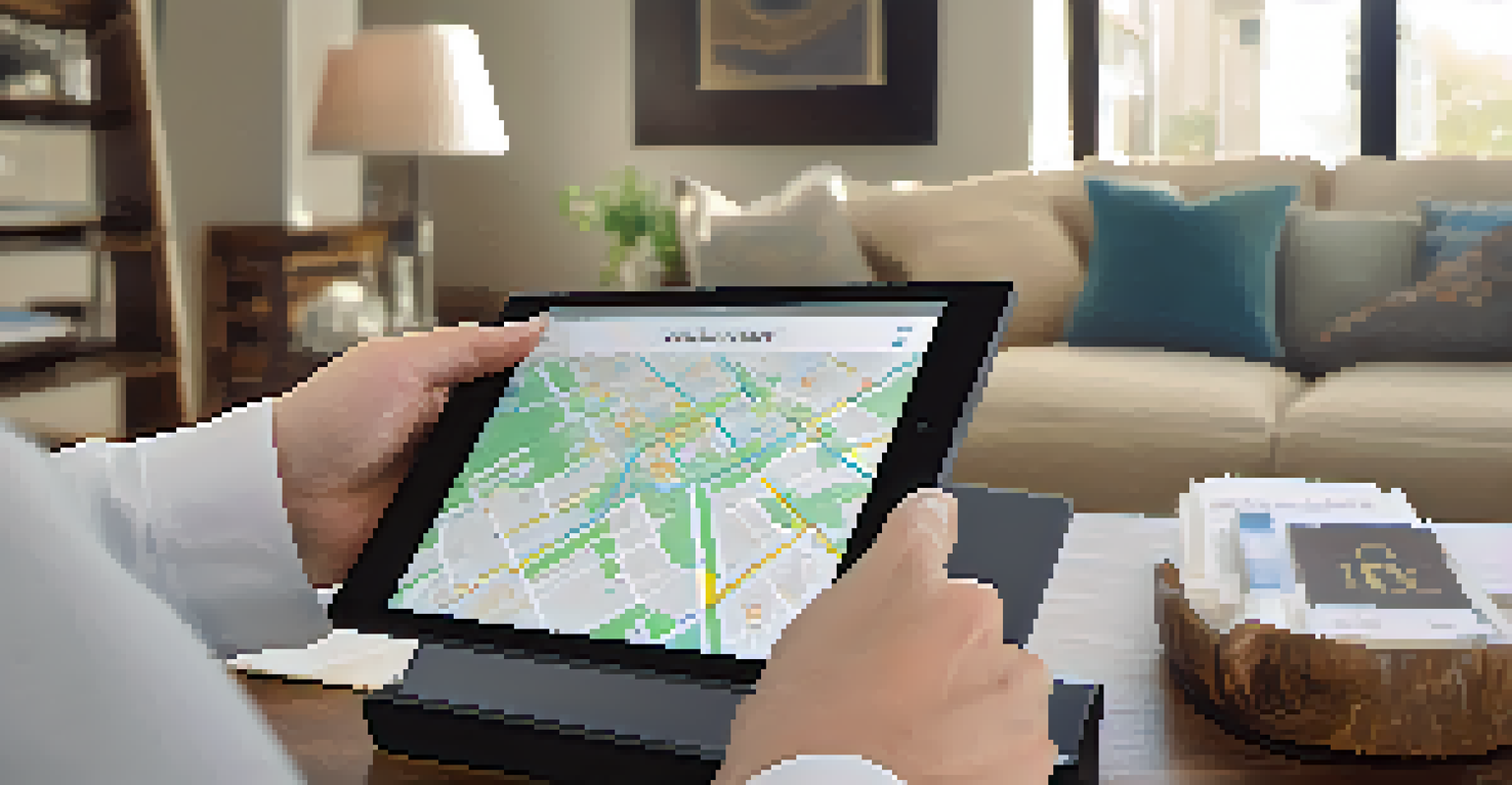 A real estate agent's hands holding a tablet with a neighborhood map, set against a stylish living room background.