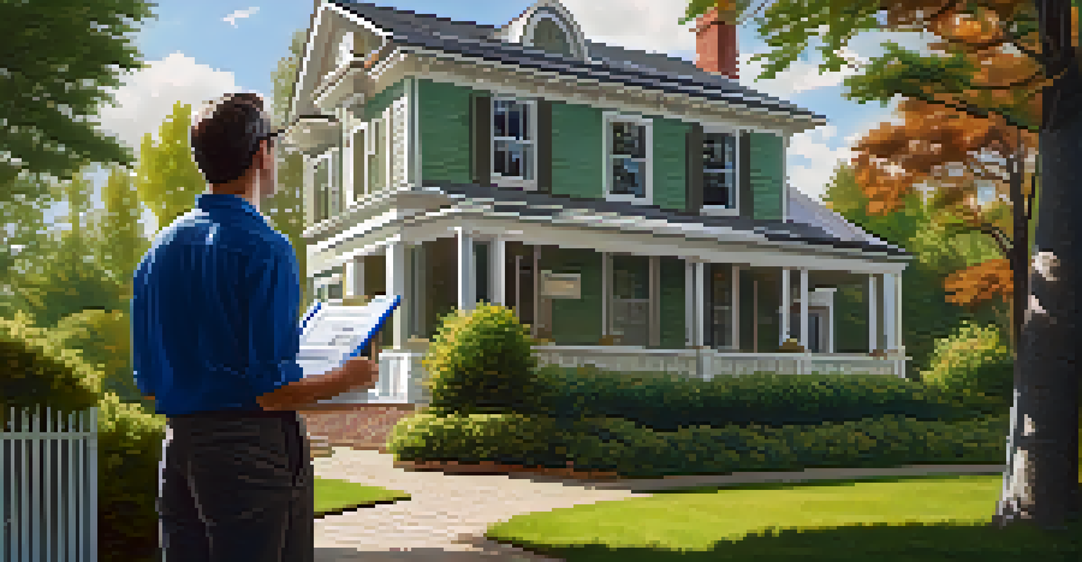 A professional appraiser examining a charming house's exterior with a clipboard, set in a sunny environment.
