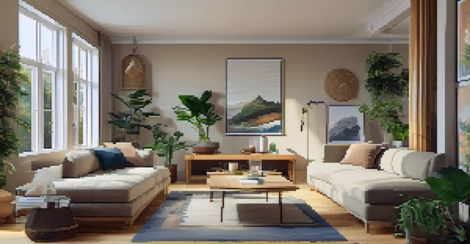 A renovated living room featuring bamboo flooring, energy-efficient windows, eco-friendly cushions, and plants for improved air quality.