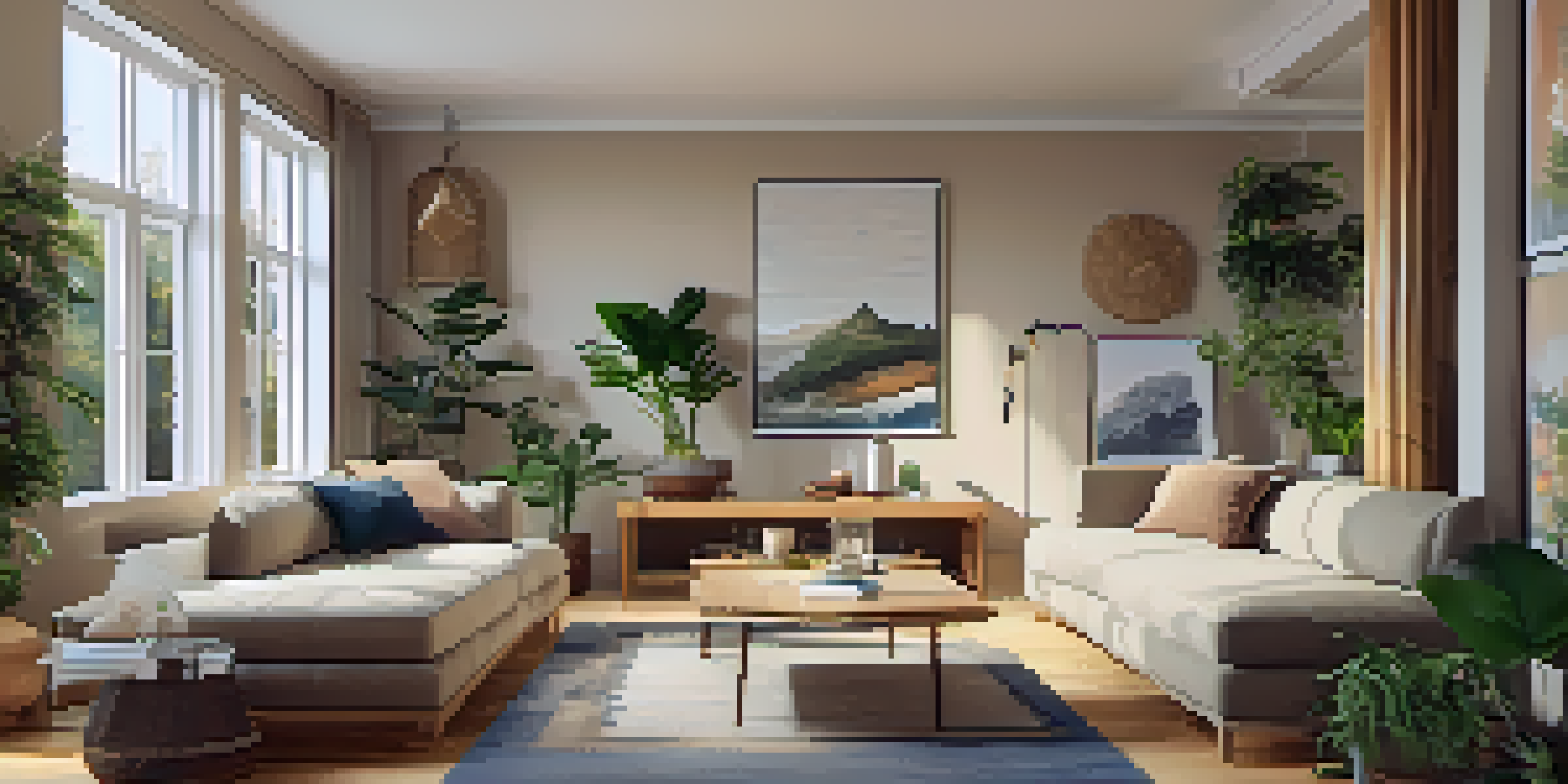 A renovated living room featuring bamboo flooring, energy-efficient windows, eco-friendly cushions, and plants for improved air quality.
