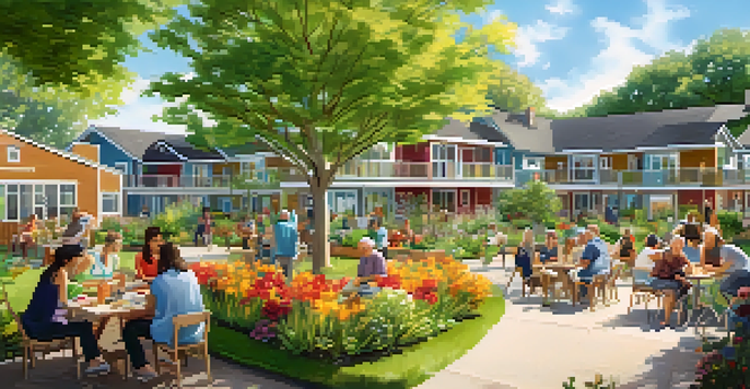 A colorful co-housing community with homes surrounding shared gardens where residents are gardening and socializing on a sunny day.