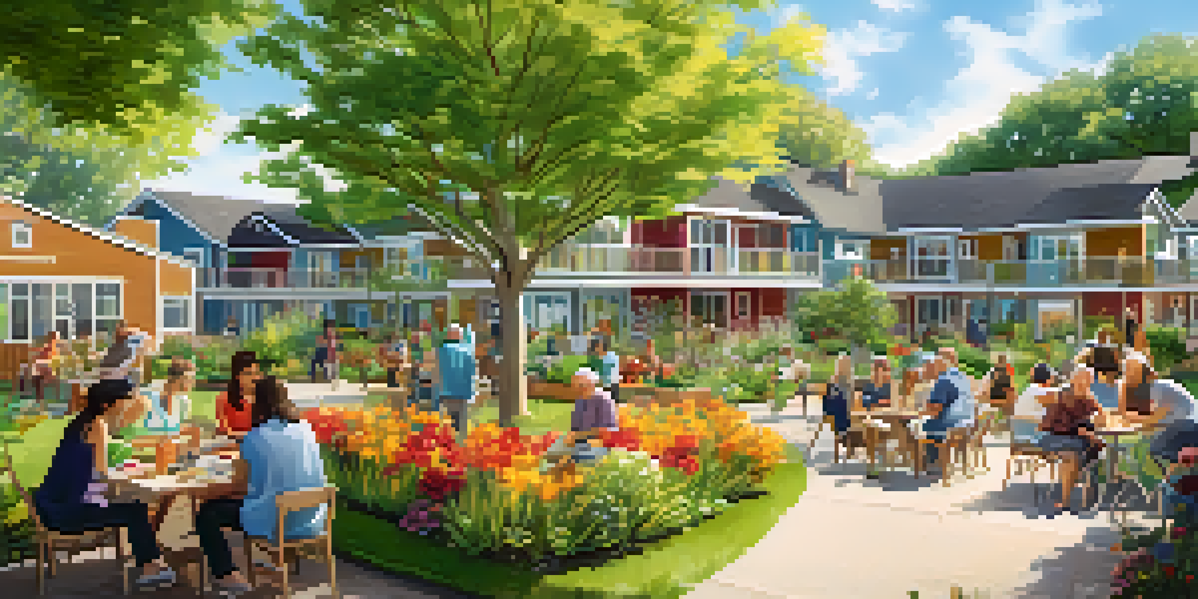 A colorful co-housing community with homes surrounding shared gardens where residents are gardening and socializing on a sunny day.