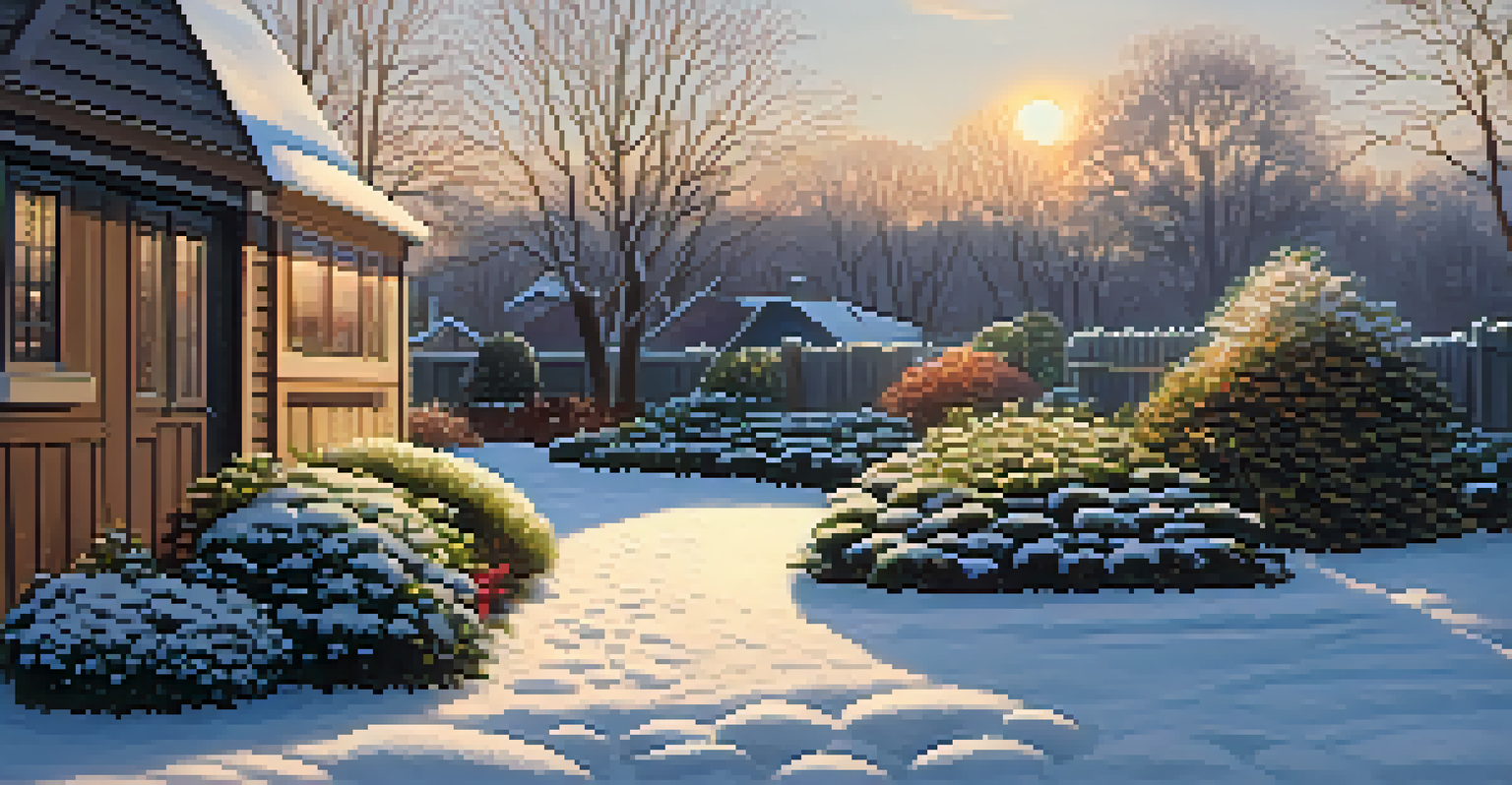 A tranquil winter yard with trimmed bushes, mulched flower beds, and stored outdoor tools, illuminated by the warm glow of a setting sun.