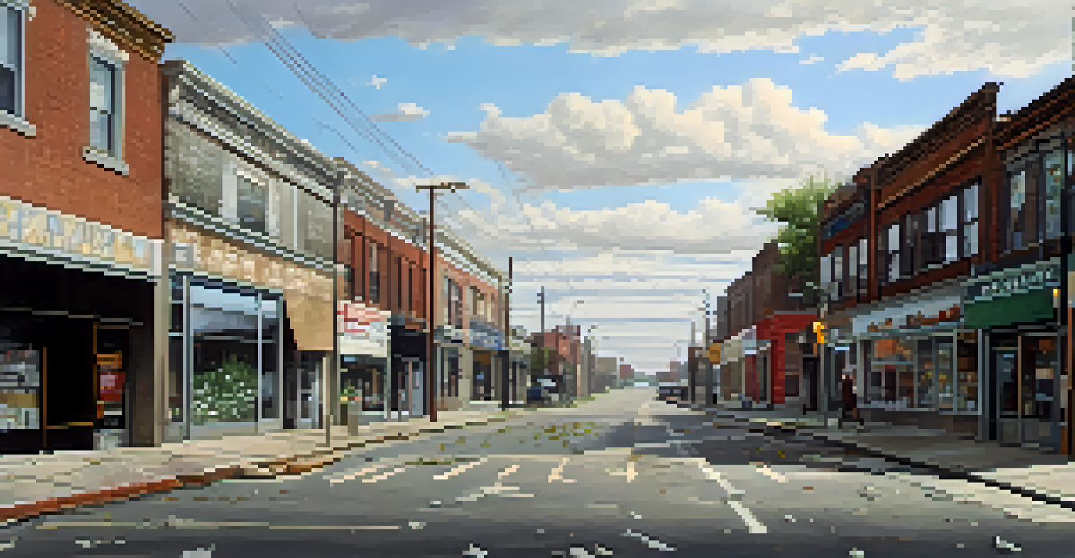 A wide-angle view of an empty commercial area with broken storefronts and a few pedestrians, under an overcast sky.