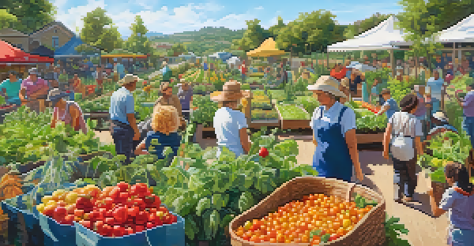 A lively community garden with diverse crops and people gathering to harvest.