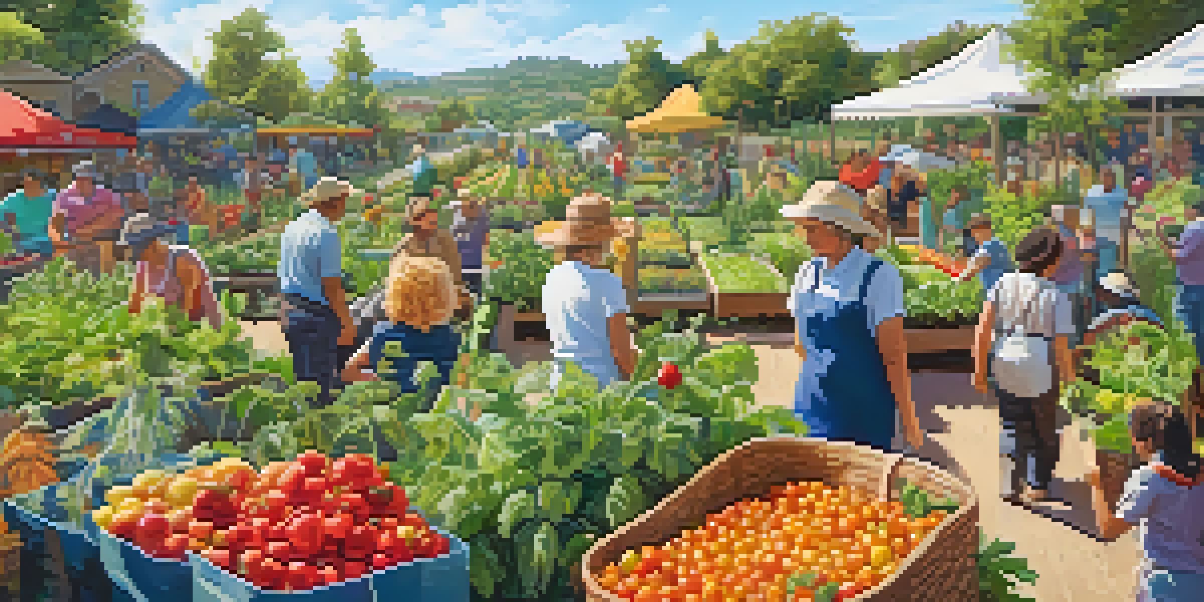 A lively community garden with diverse crops and people gathering to harvest.
