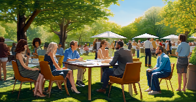 A diverse group of people discussing real estate investments around a table in a park, with charts and documents visible.