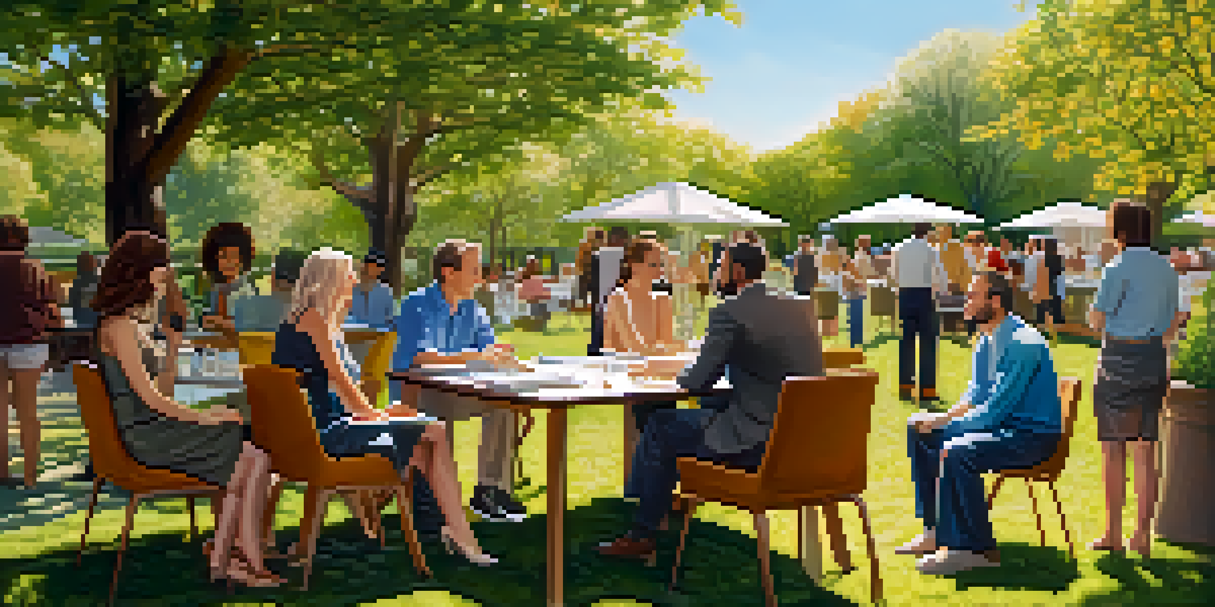 A diverse group of people discussing real estate investments around a table in a park, with charts and documents visible.