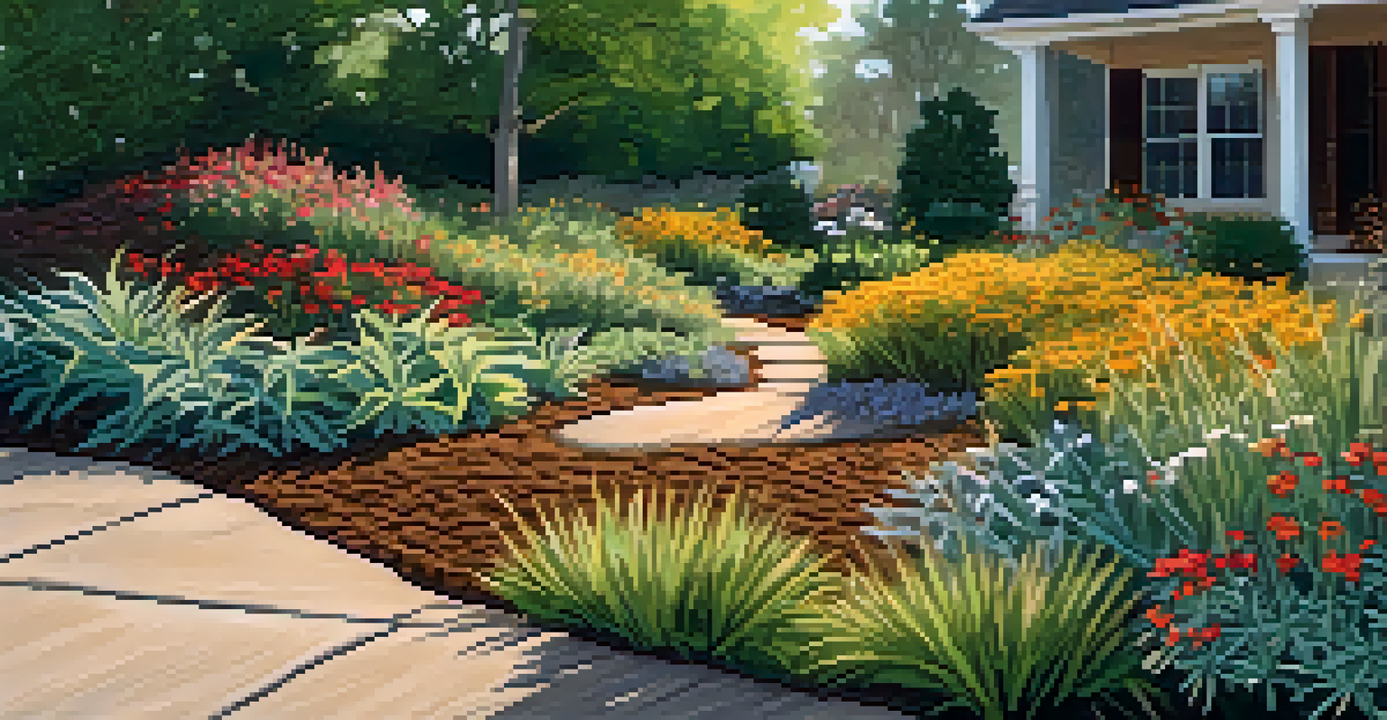 A layer of organic mulch around native plants in a xeriscape garden, enhanced by sunlight and colorful wildflowers.