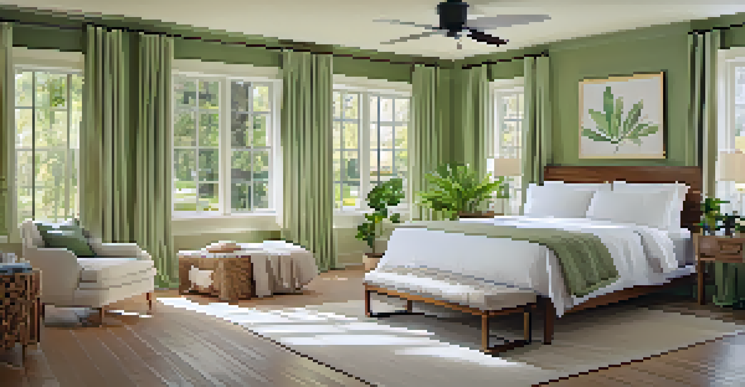 A tranquil bedroom with soft green walls, white bedding, and natural light, enhanced by potted plants for a refreshing feel.