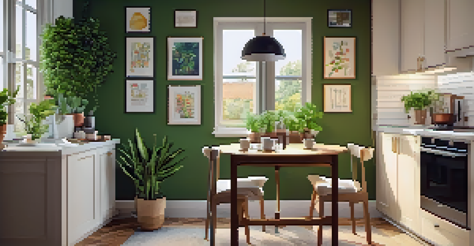 A cozy dining nook in a small kitchen with a folding table and chairs, adorned with plants and colorful artwork.