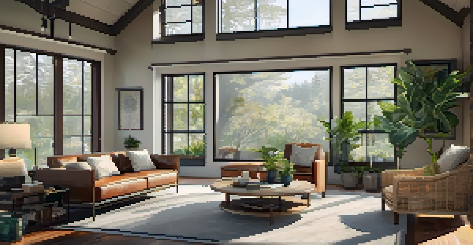 Interior of a modern sustainable home with natural light, non-toxic furniture, and green plants, creating a cozy atmosphere.