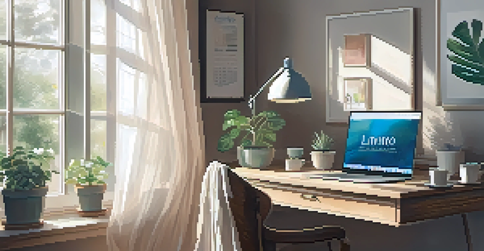 A cozy and serene home office with a wooden desk, laptop, potted plants, and soft morning light filtering through sheer curtains.