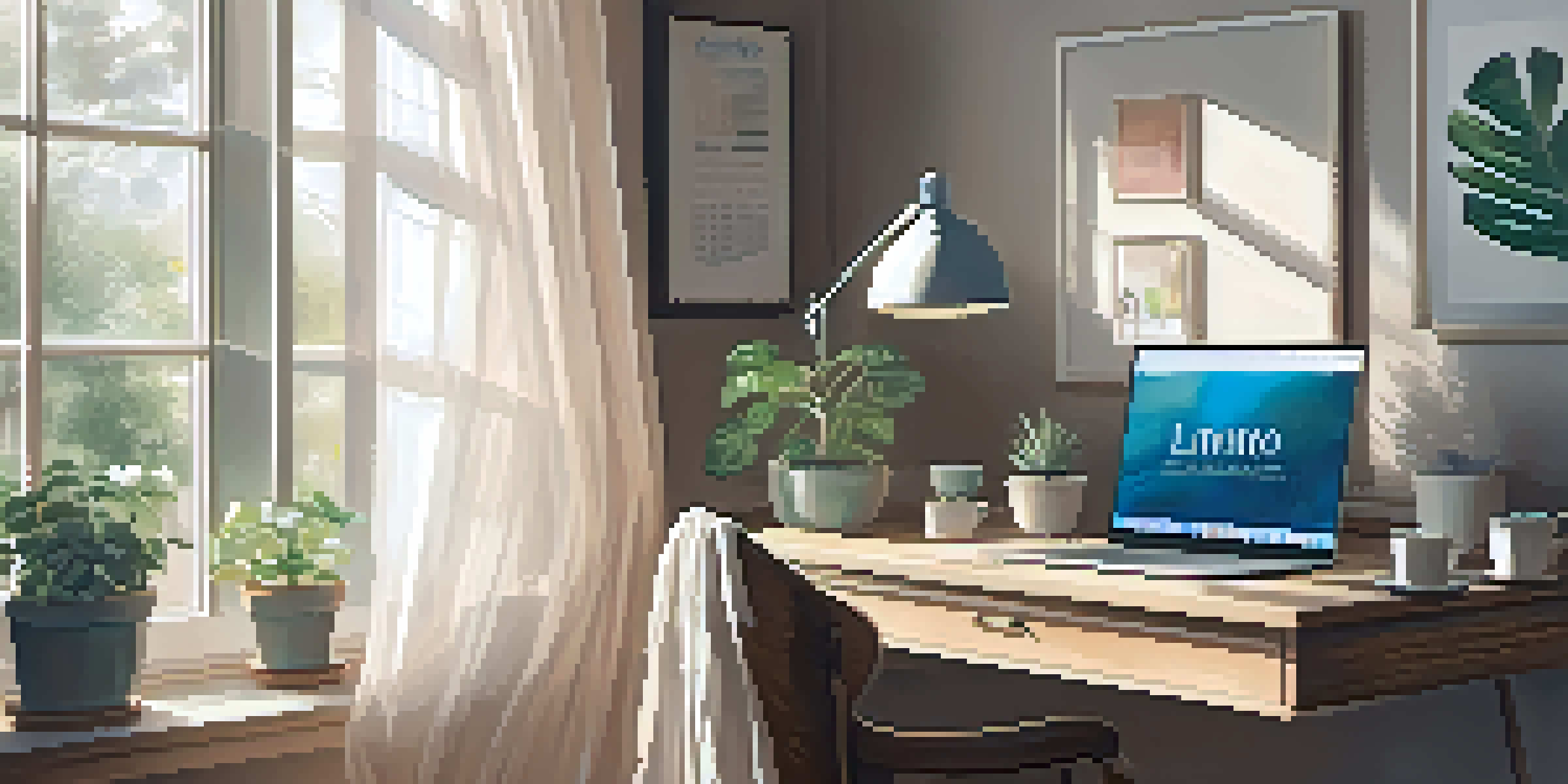 A cozy and serene home office with a wooden desk, laptop, potted plants, and soft morning light filtering through sheer curtains.