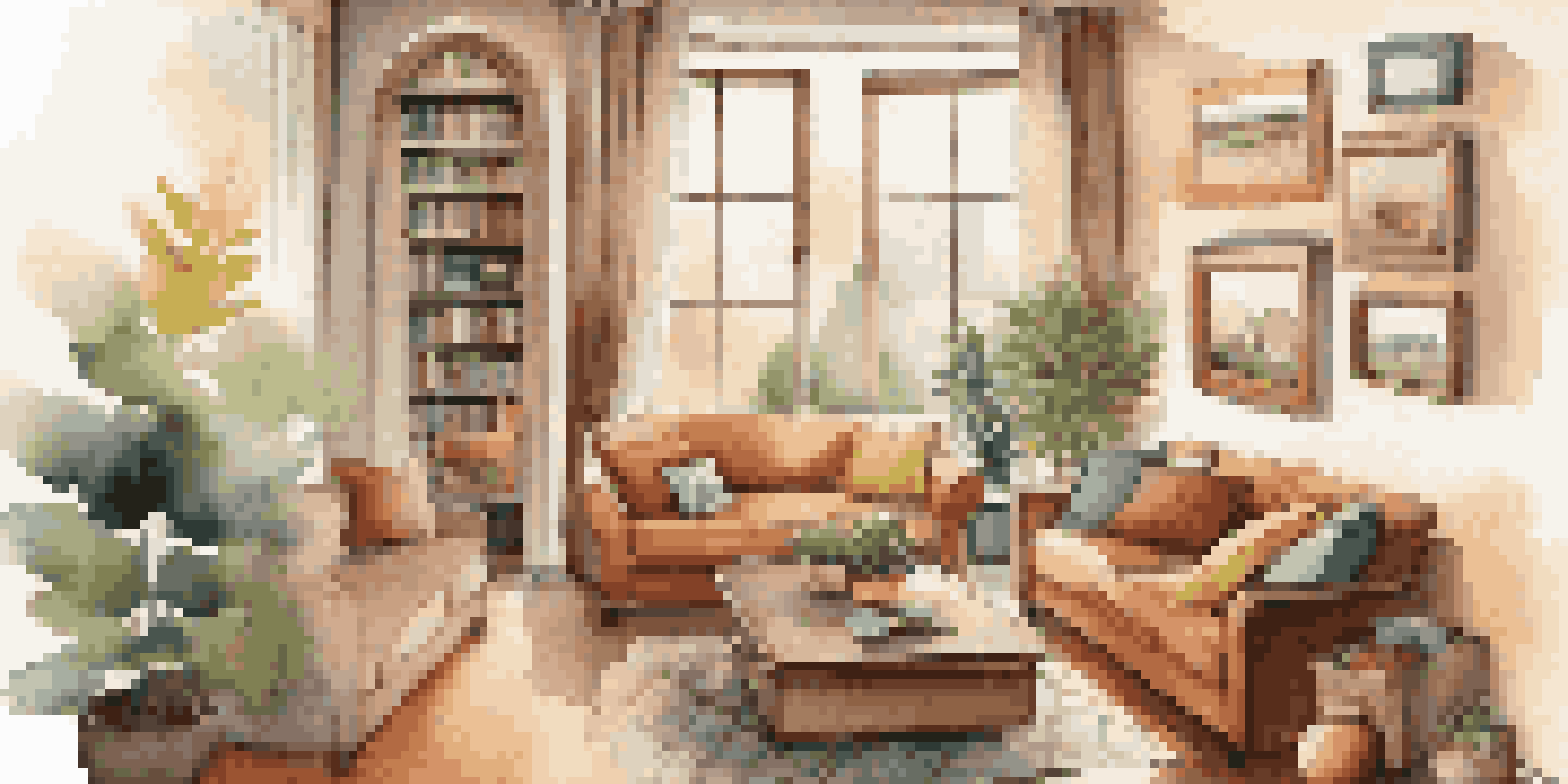A warm and inviting family living room filled with natural light, showcasing family photographs and a cozy sofa.
