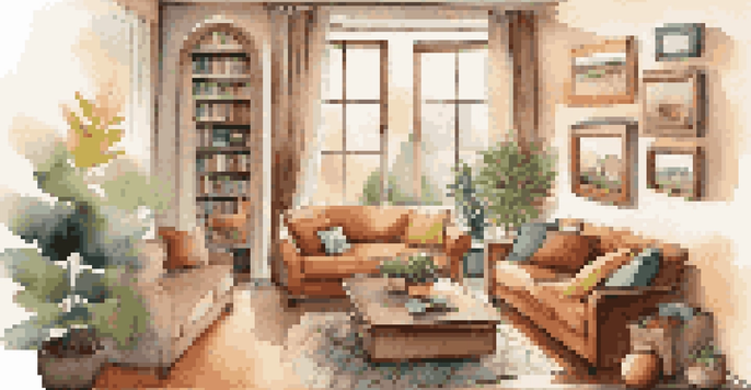 A warm and inviting family living room filled with natural light, showcasing family photographs and a cozy sofa.