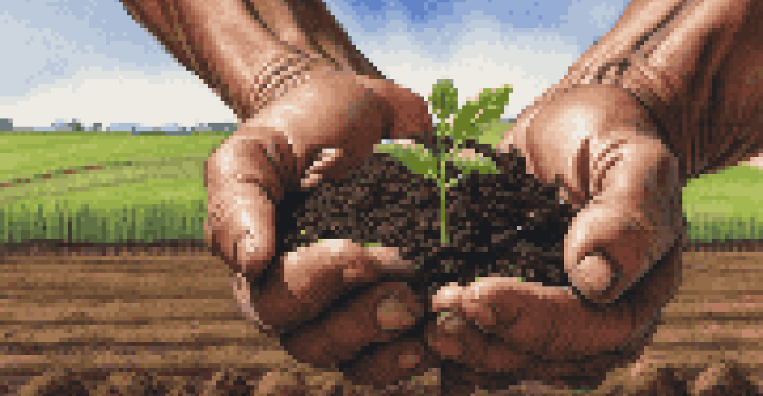 A farmer's hands holding dark soil with green seedlings, set against a blurred backdrop of a thriving local farm.