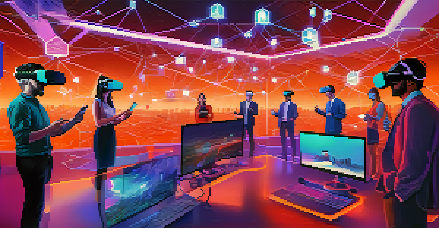A digital networking event with participants in virtual reality headsets in a futuristic virtual landscape, showcasing social media icons.