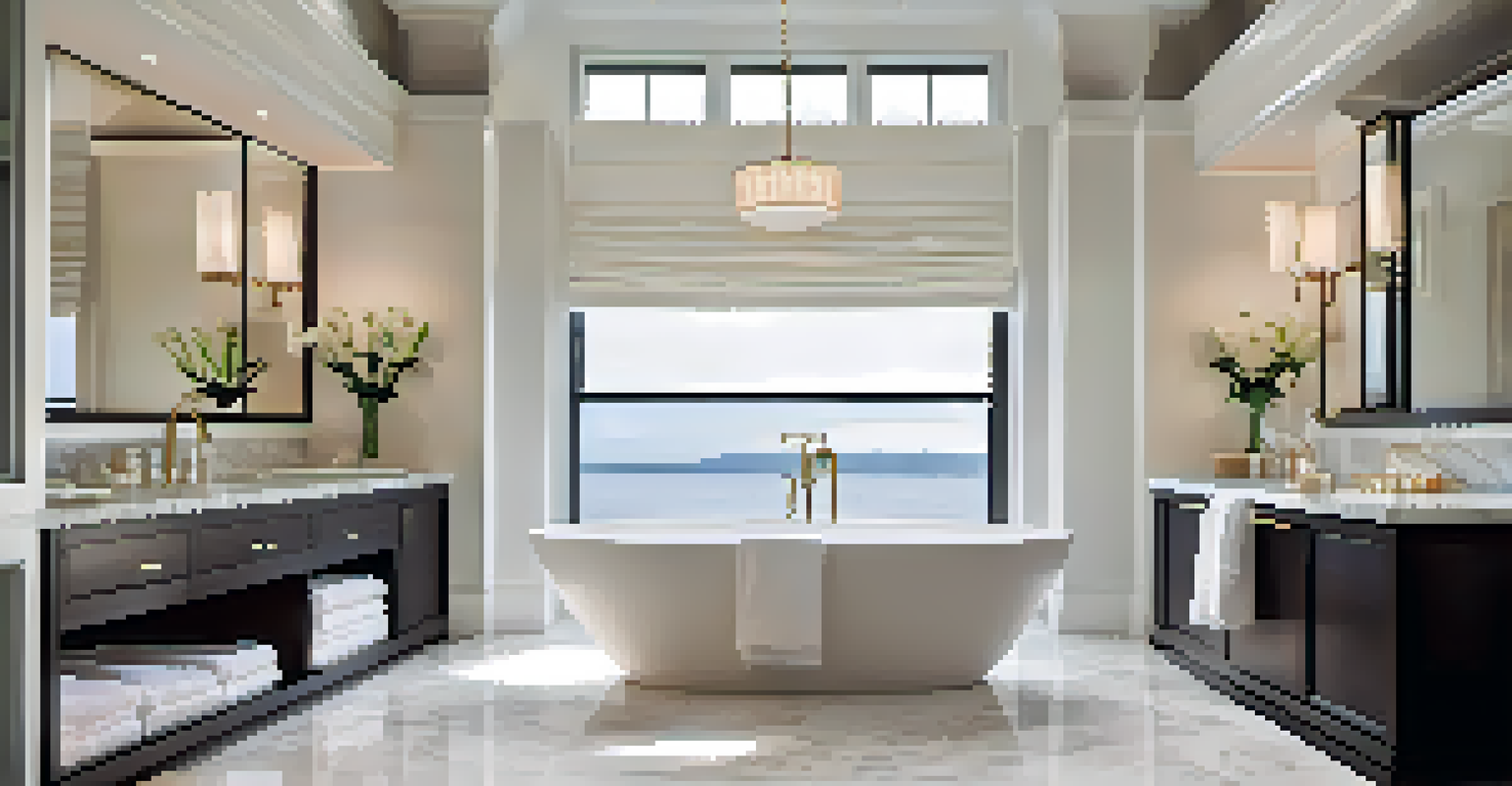 A luxurious bathroom with a freestanding tub, marble tiles, and modern fixtures, bathed in soft natural light.