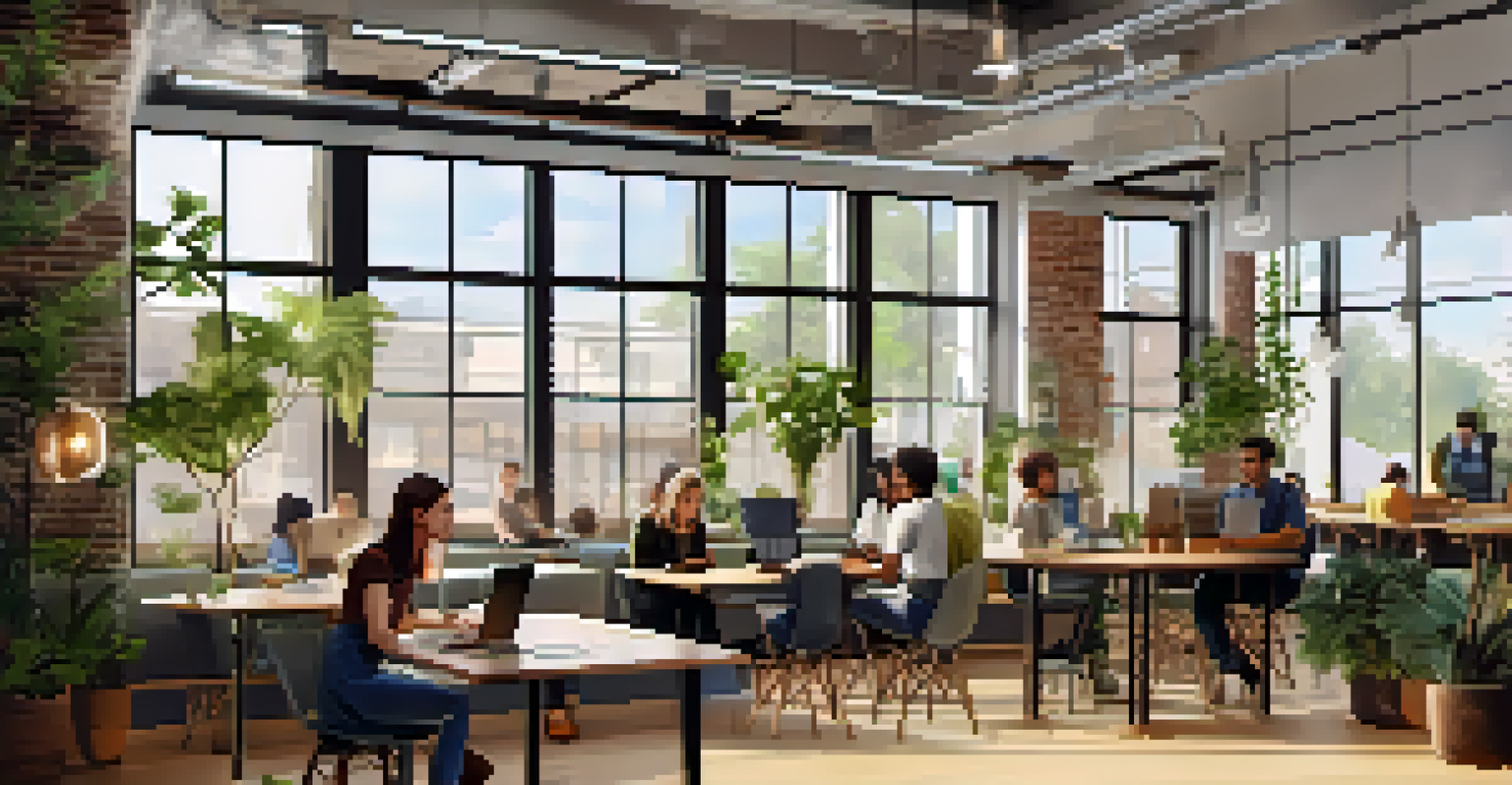 A modern co-working space with people working on laptops, large windows, and a bright, inviting atmosphere.