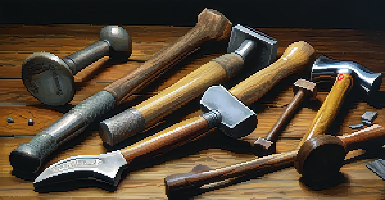An assortment of hammers including a claw hammer and rubber mallet displayed on a rustic wooden table, emphasizing their different designs.