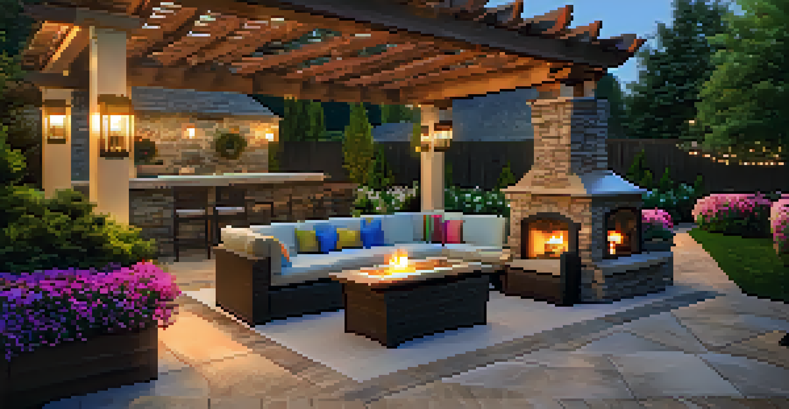 A cozy patio with a wooden pergola and stone wall, surrounded by flower beds, illuminated by soft ambient lighting at dusk.