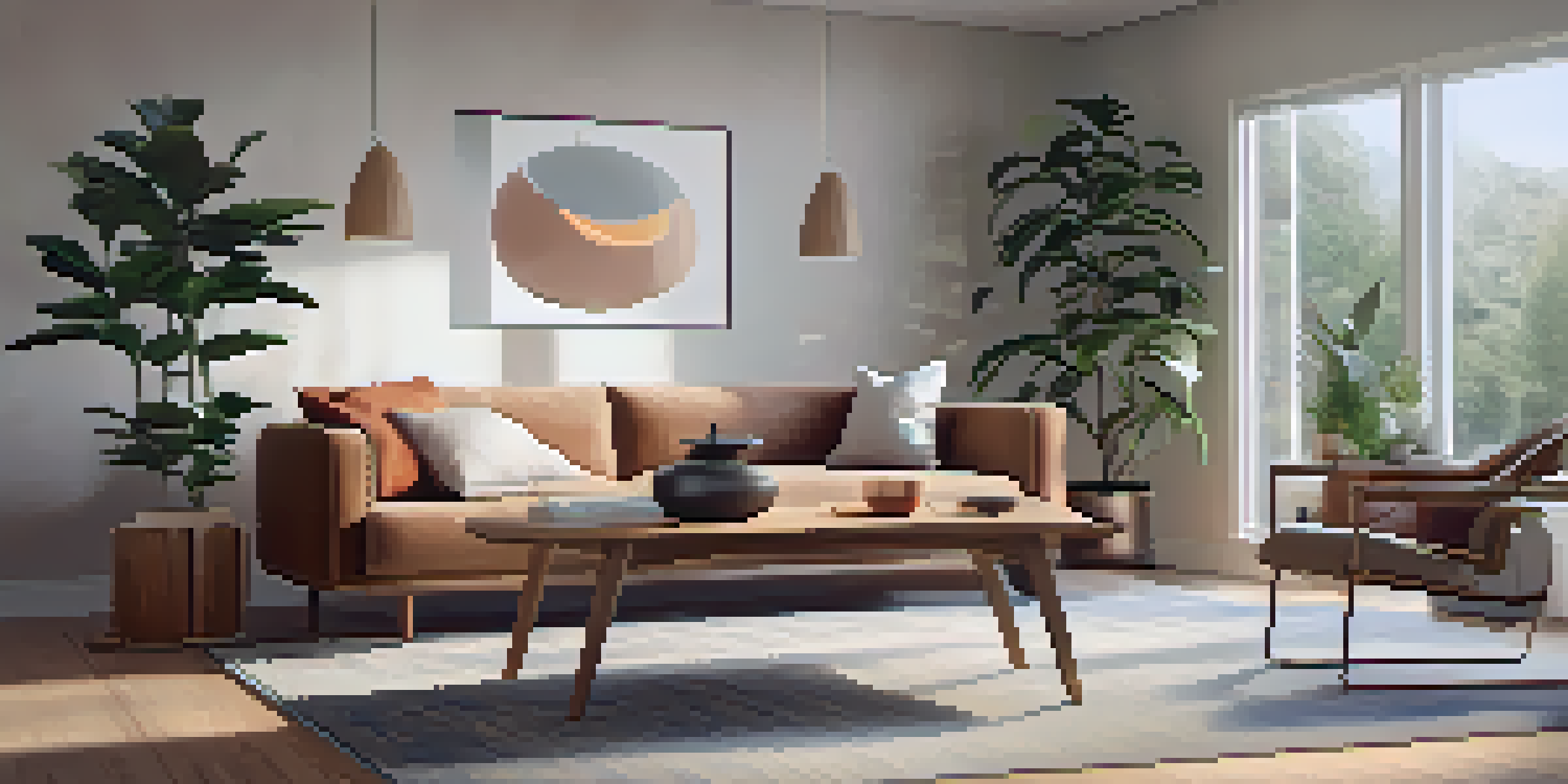 A contemporary living room showcasing various smart home devices including a smart thermostat and lighting, with natural light coming through large windows.