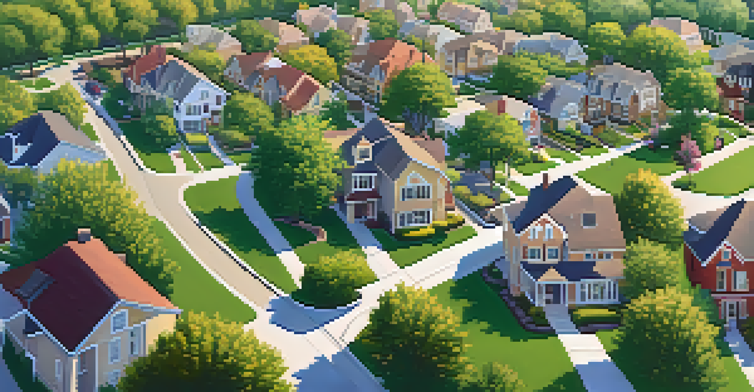 An aerial view of a charming suburban neighborhood with beautiful homes and green gardens.