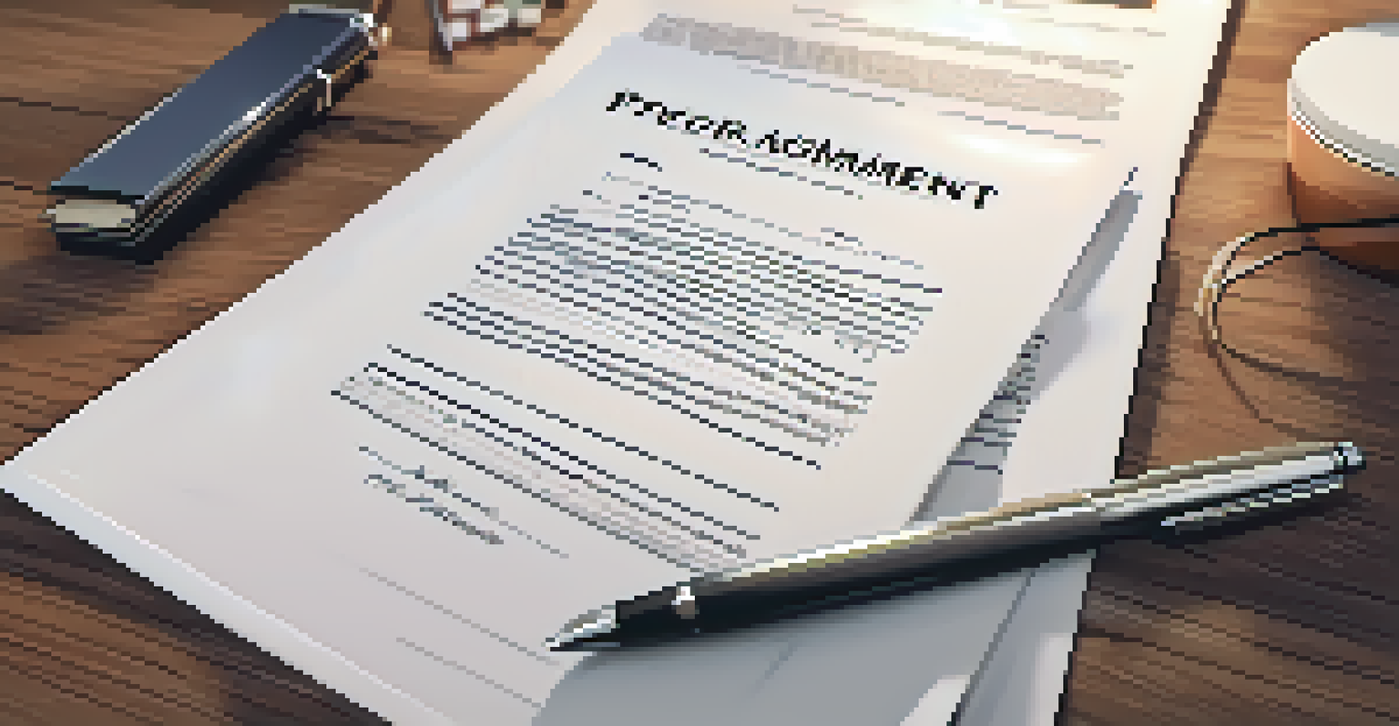 A close-up of a property management contract on a wooden table with a pen, showcasing organized bullet points and warm lighting.
