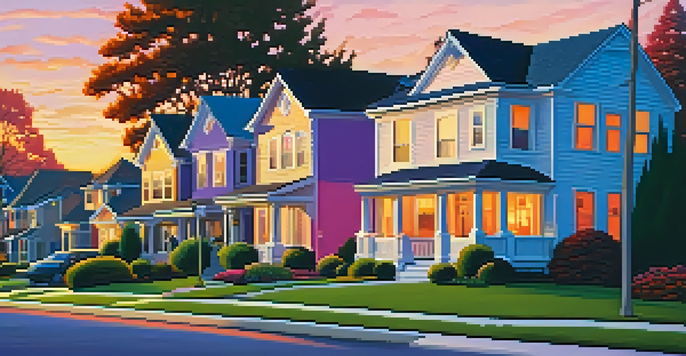 A suburban neighborhood at sunset with modern homes, a family walking a dog, and children playing.