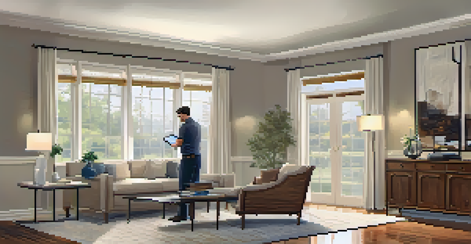 A living room with a home inspector examining the electrical panel.