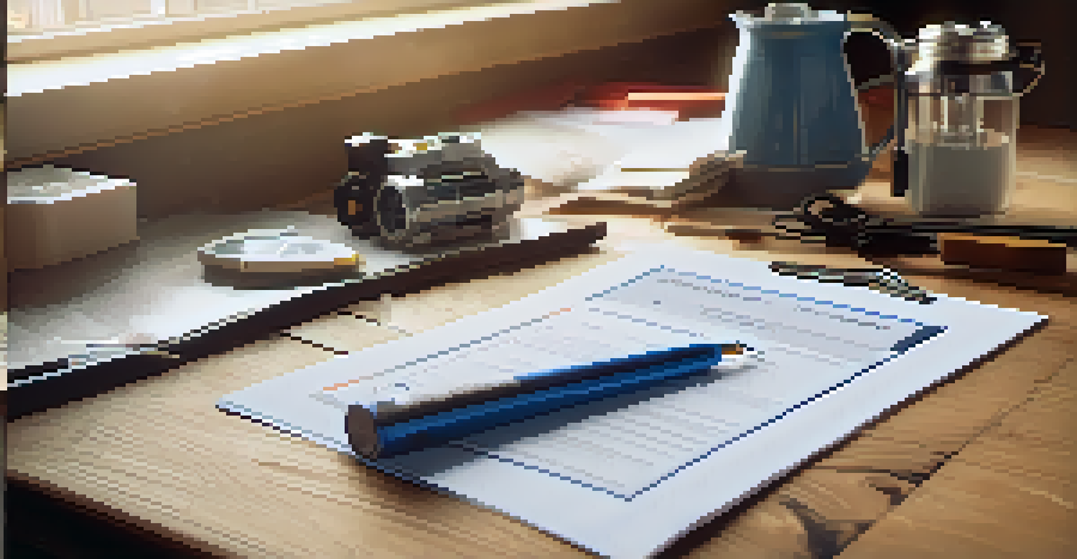 A close-up of a home inspection report on a wooden table, with renovation tools and a stylish kitchen in the background.