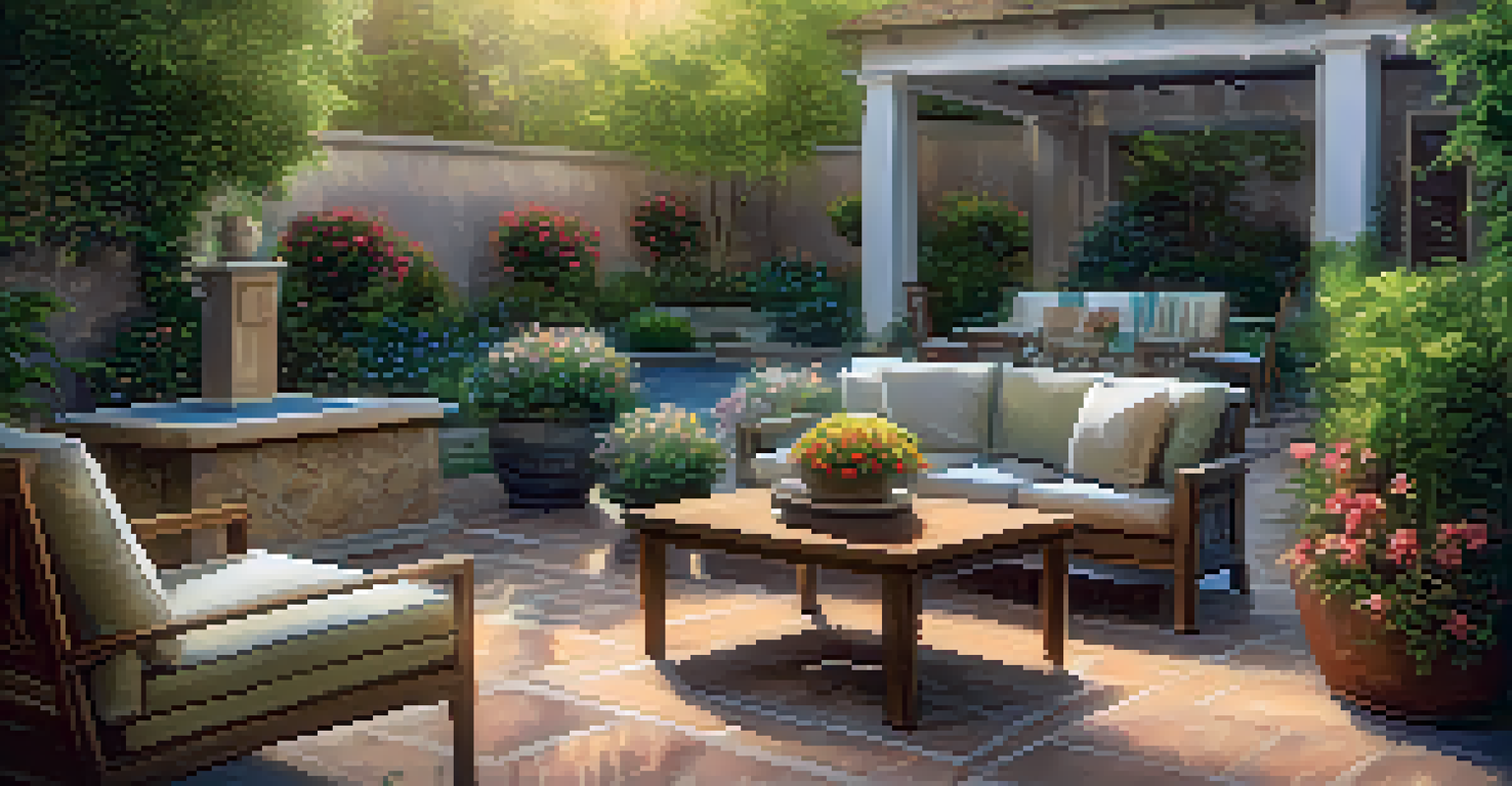 A cozy outdoor patio with comfortable seating and potted plants, illuminated by soft evening light, surrounded by a colorful garden.