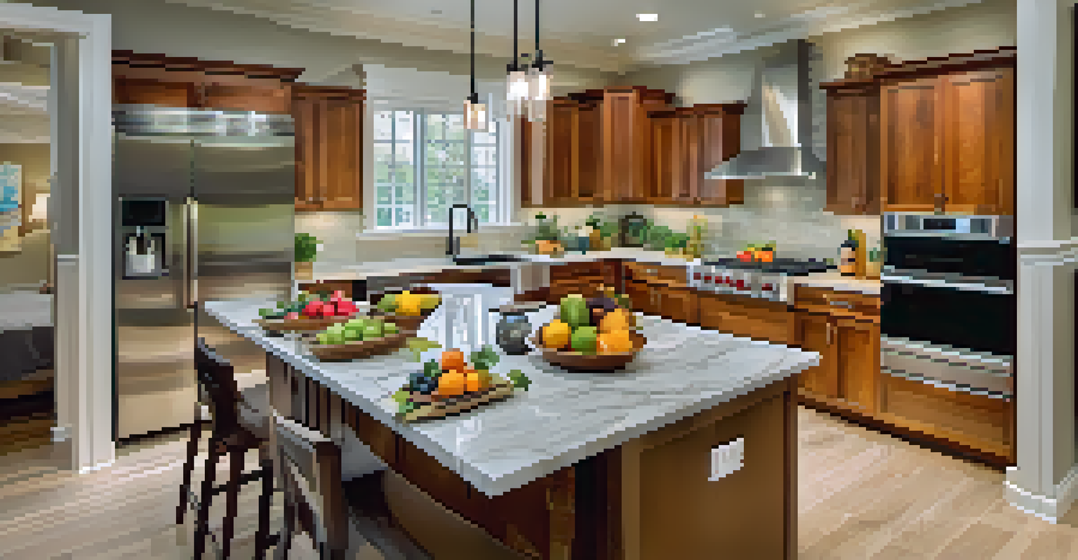 A modern kitchen with stainless steel appliances, marble countertops, and colorful fruits on the counter.