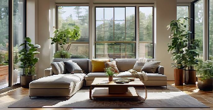 A modern living room with a smart thermostat on the wall, cozy sofa, and warm natural light.
