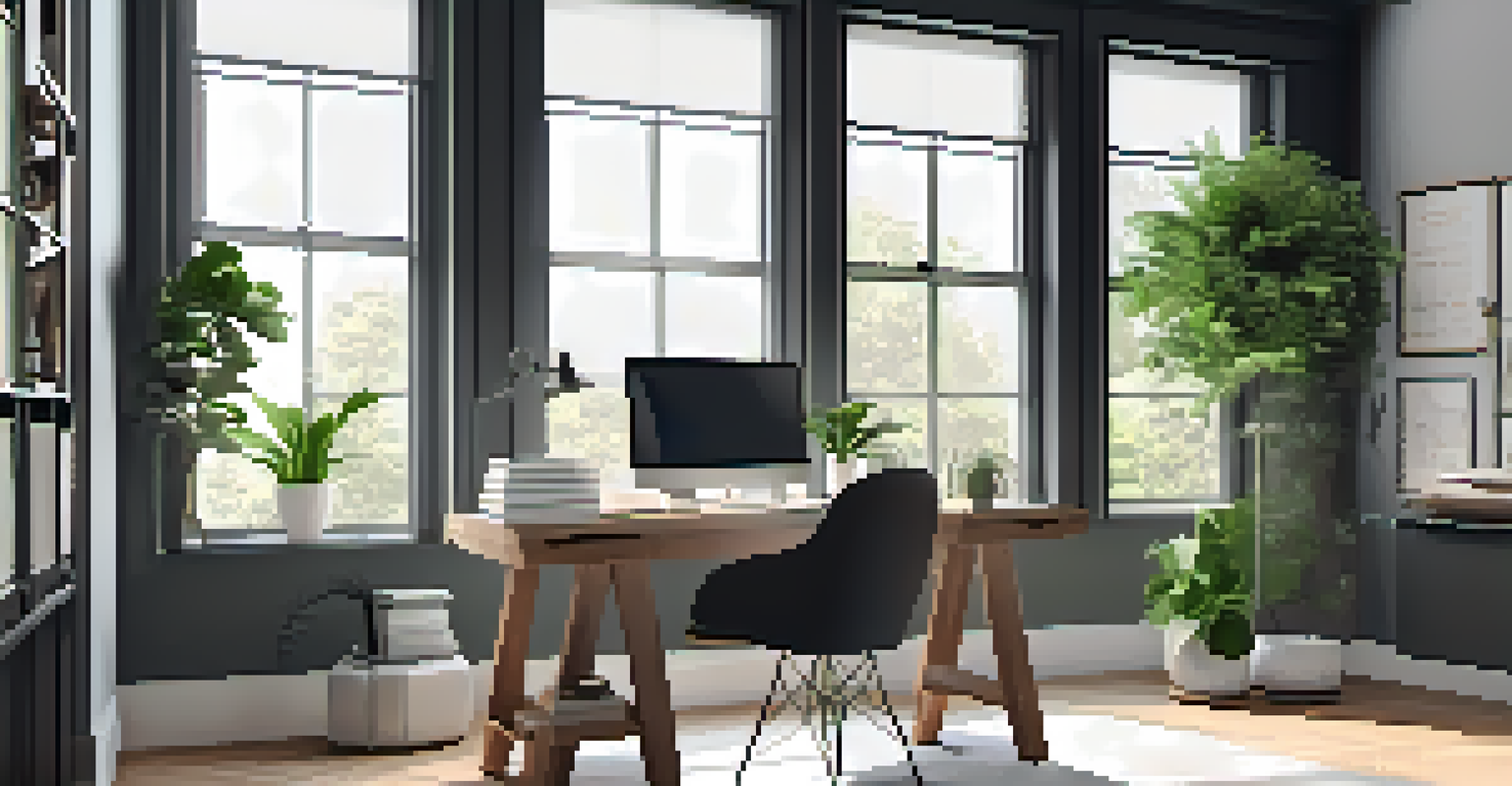 A modern home office with a desk, laptop, and motivational quotes on the wall, illuminated by natural light.