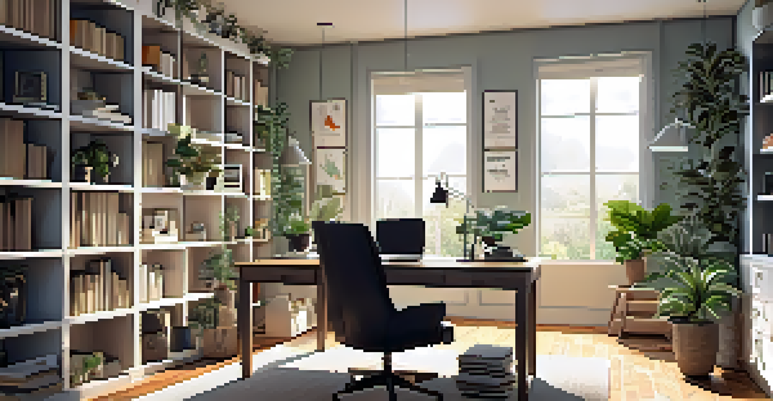 A stylish home office with a desk, laptop, houseplants, and motivational posters illuminated by natural light.