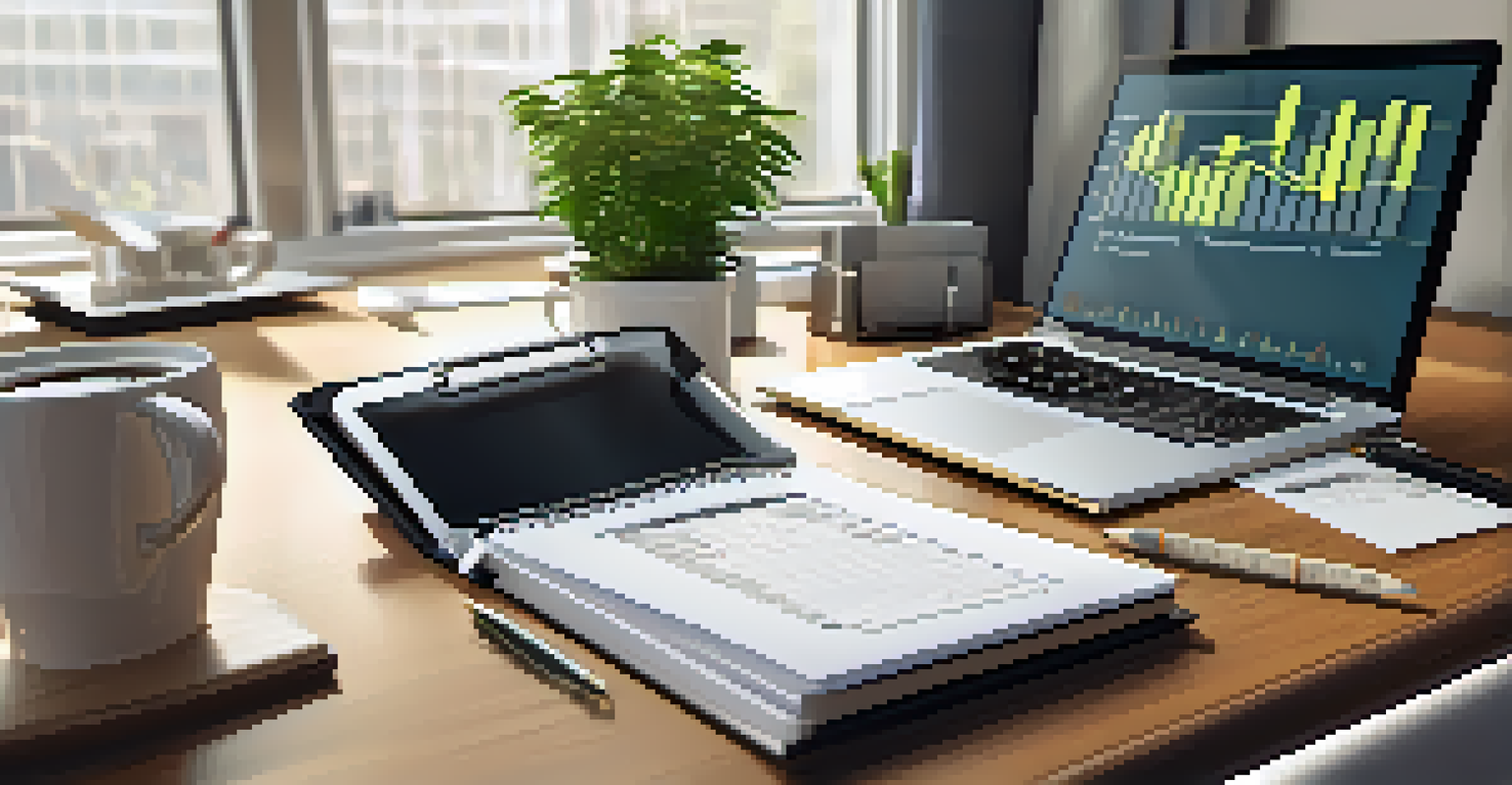A close-up of a financial management workspace with a laptop, notepad, calculator, and organized desk.