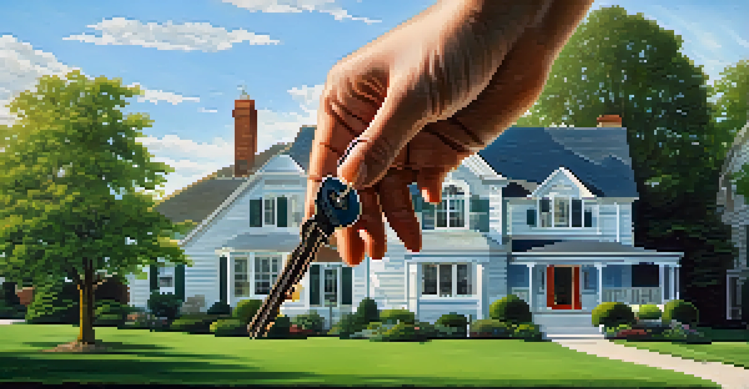 A hand holding a house key in front of a suburban home with a green lawn and blue sky.