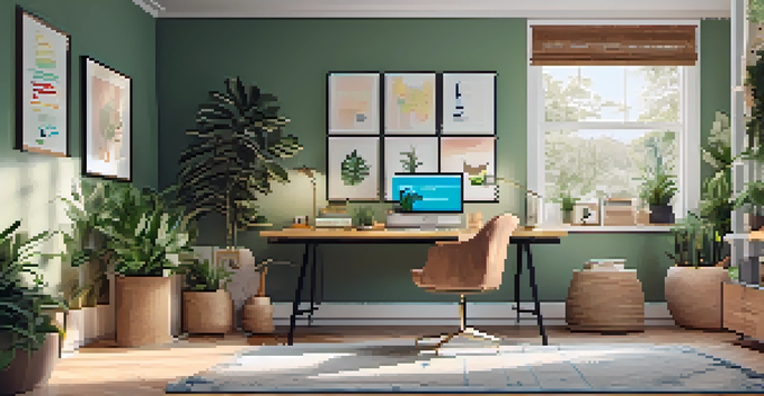 A tidy home office with a desk, laptop, and plants, illuminated by natural light.