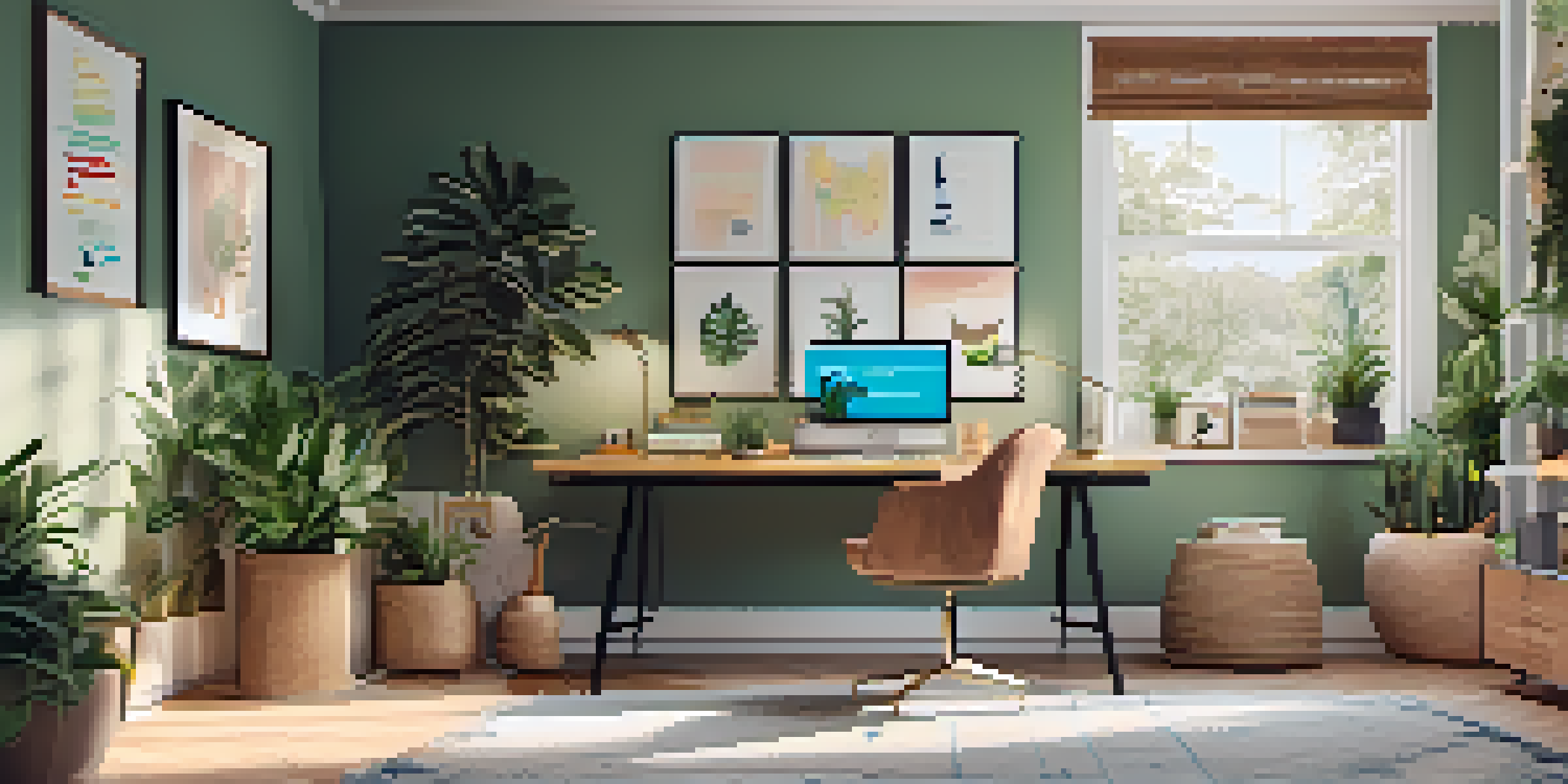 A tidy home office with a desk, laptop, and plants, illuminated by natural light.