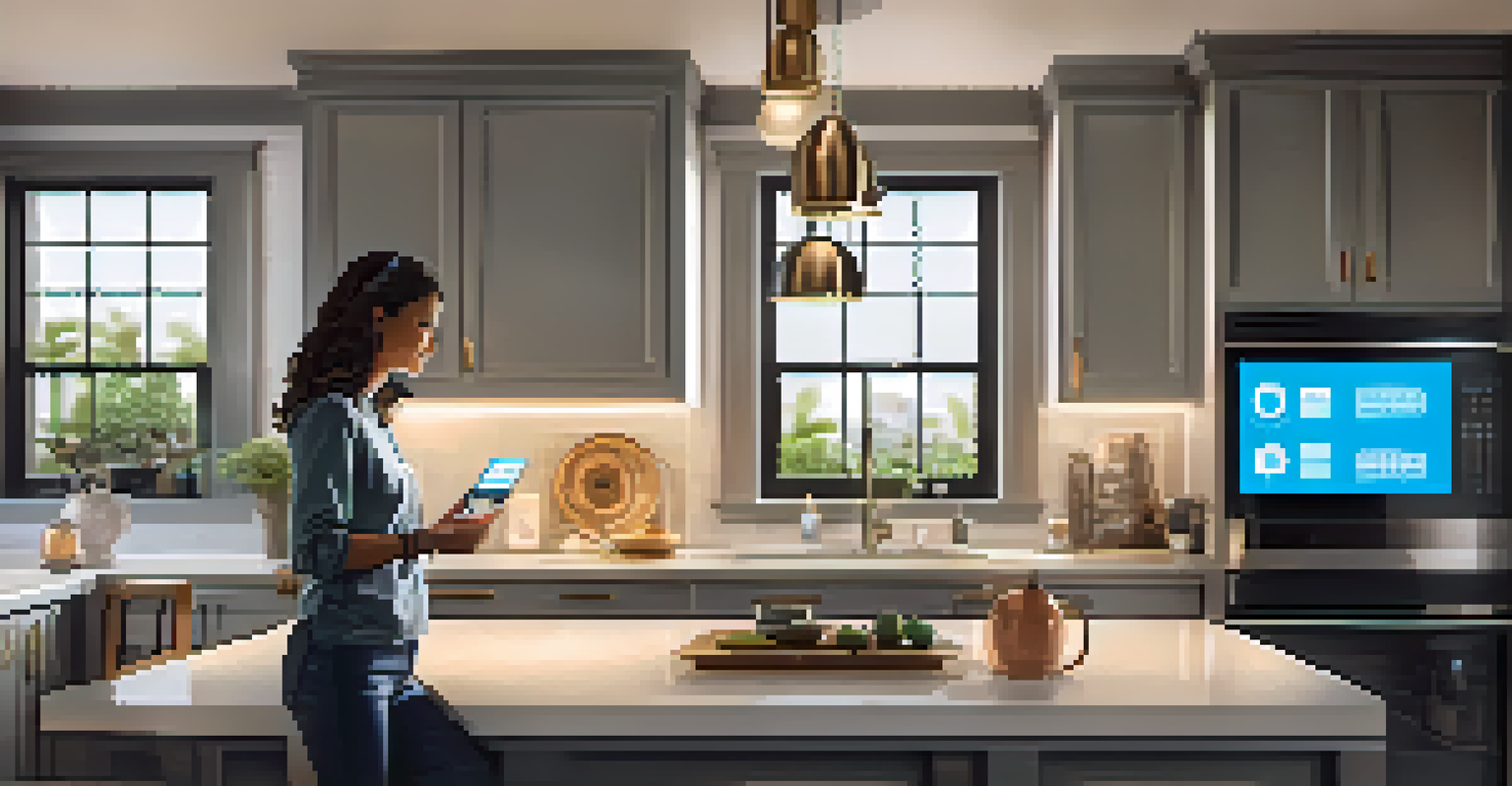 A person using a voice command to interact with a smart home control panel in a cozy kitchen.