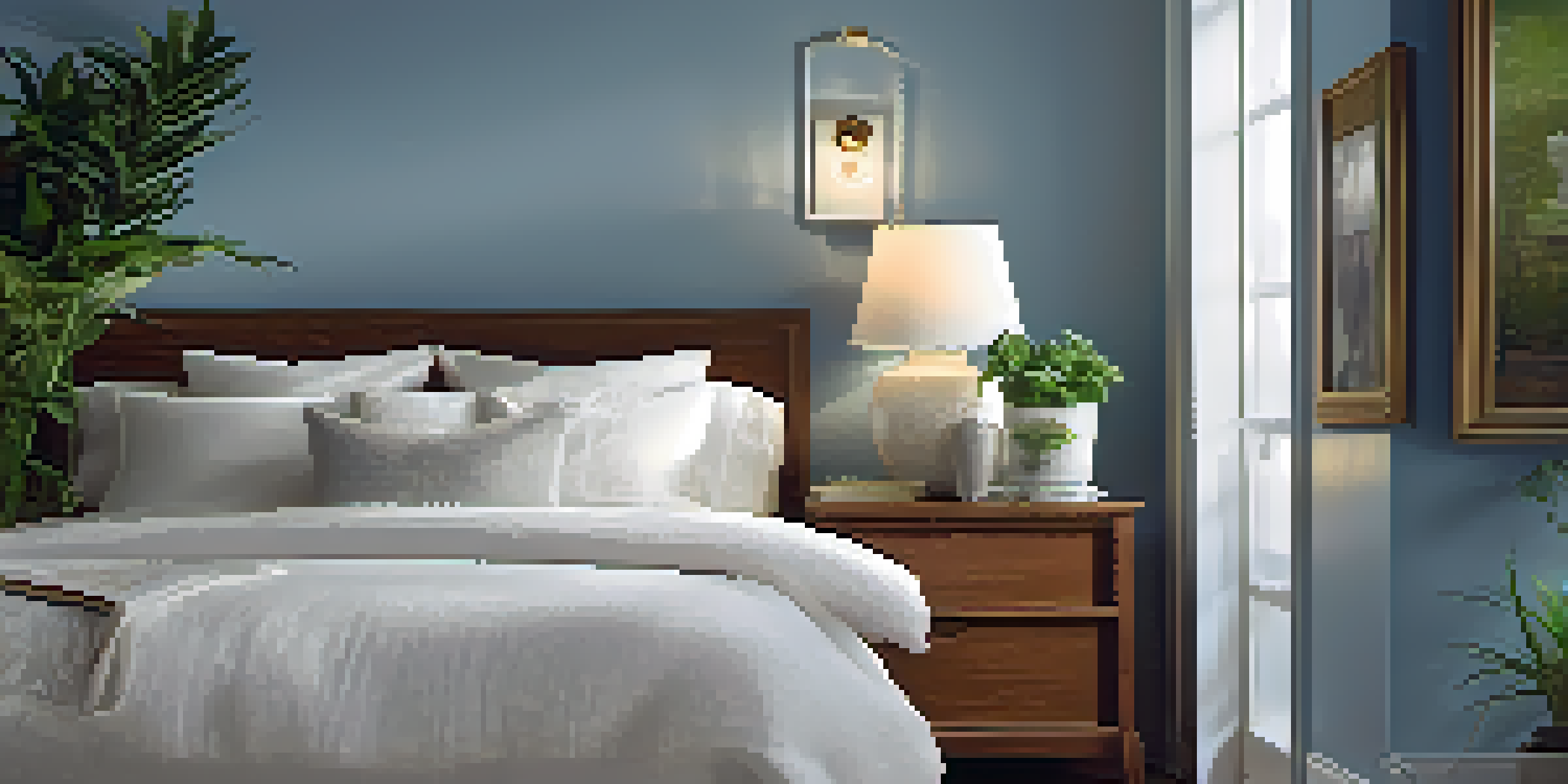A tranquil bedroom with soft blue walls, white bedding, and warm lighting.