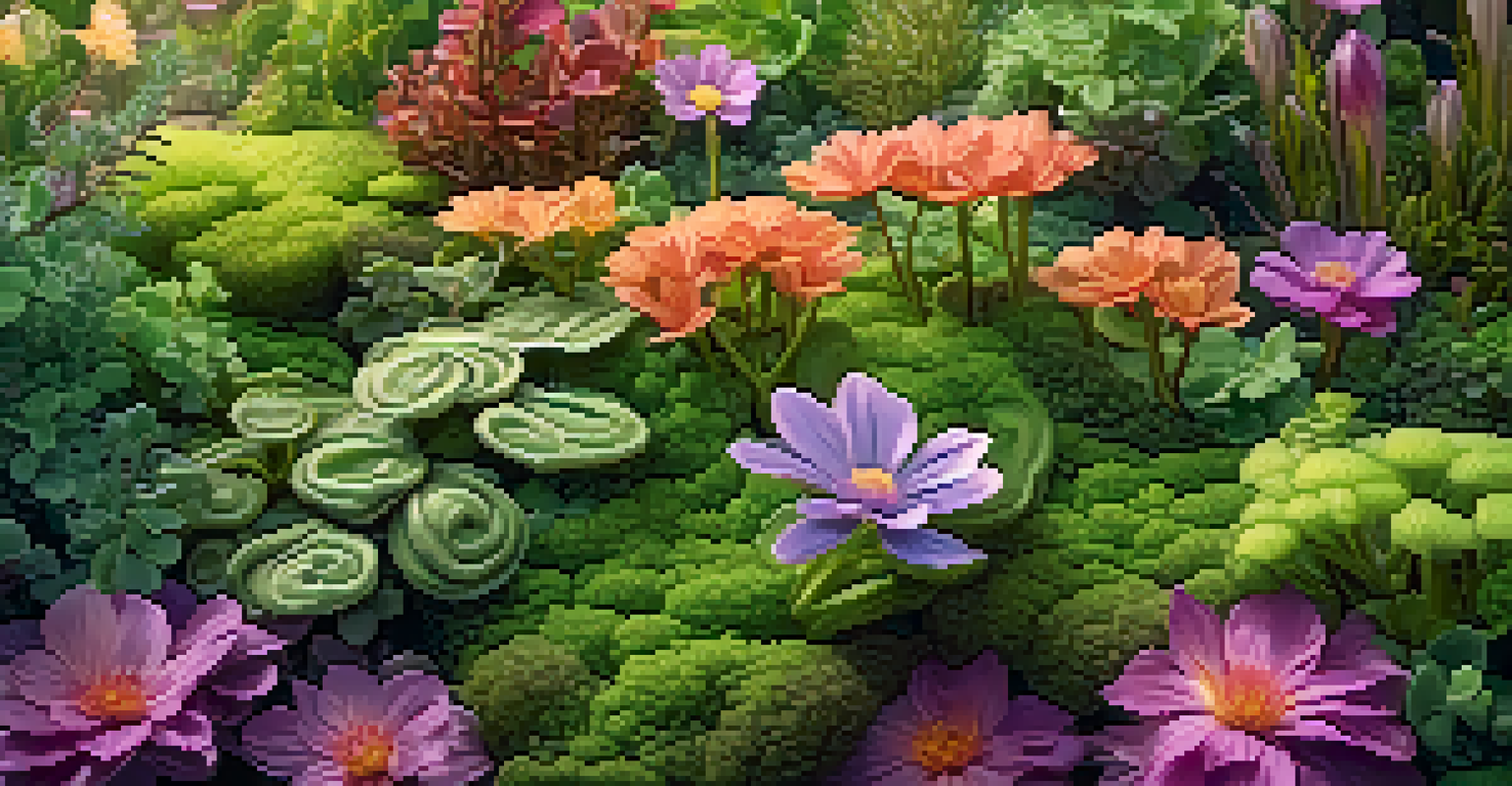 Close-up of a green roof garden with colorful flowers and moss, featuring dew droplets in the sunlight.