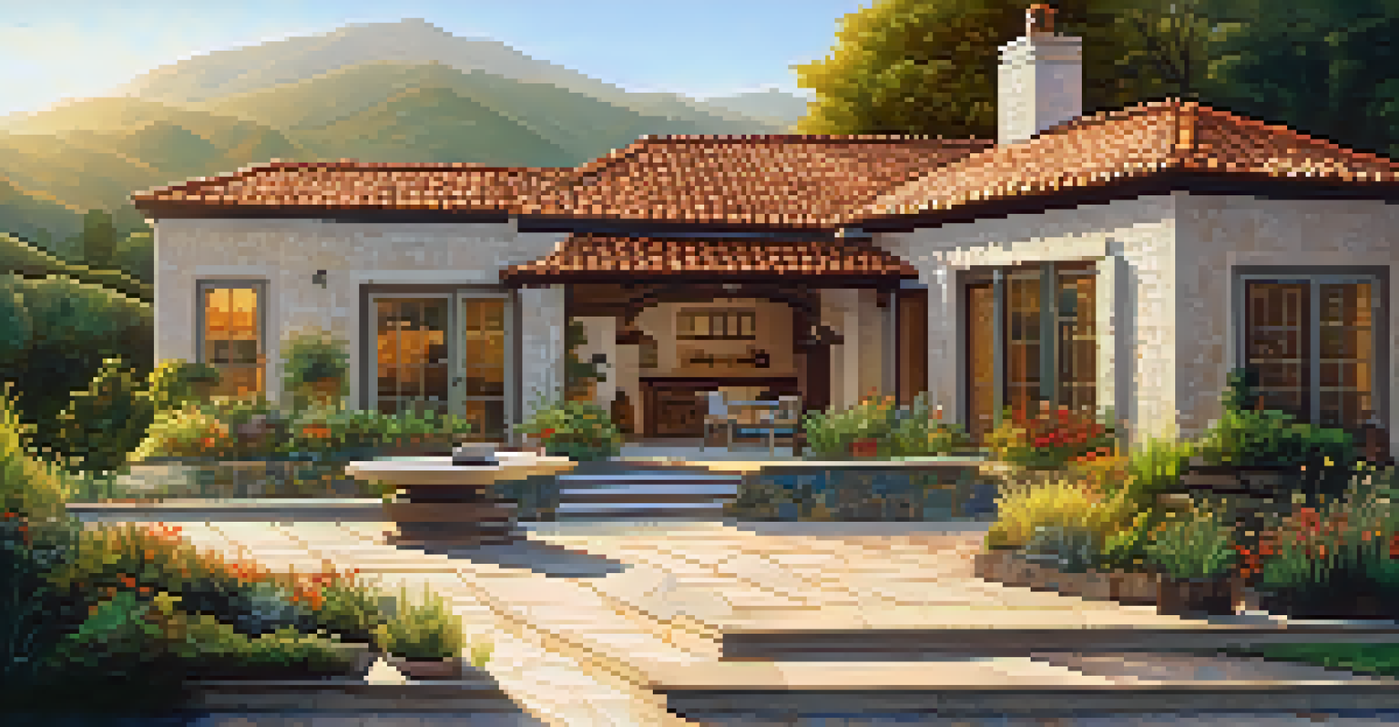 An exterior view of a home built with locally sourced materials, featuring colorful tiles and natural stone surrounded by a garden.