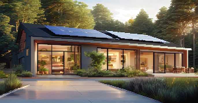 A modern eco-friendly home with solar panels, surrounded by green plants and trees, illuminated by warm evening light.